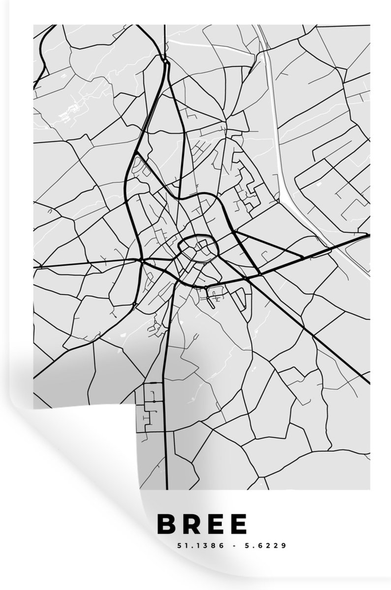 Muurstickers - Sticker Folie - Stadskaart – Plattegrond – België – Zwart Wit – Bree – Kaar