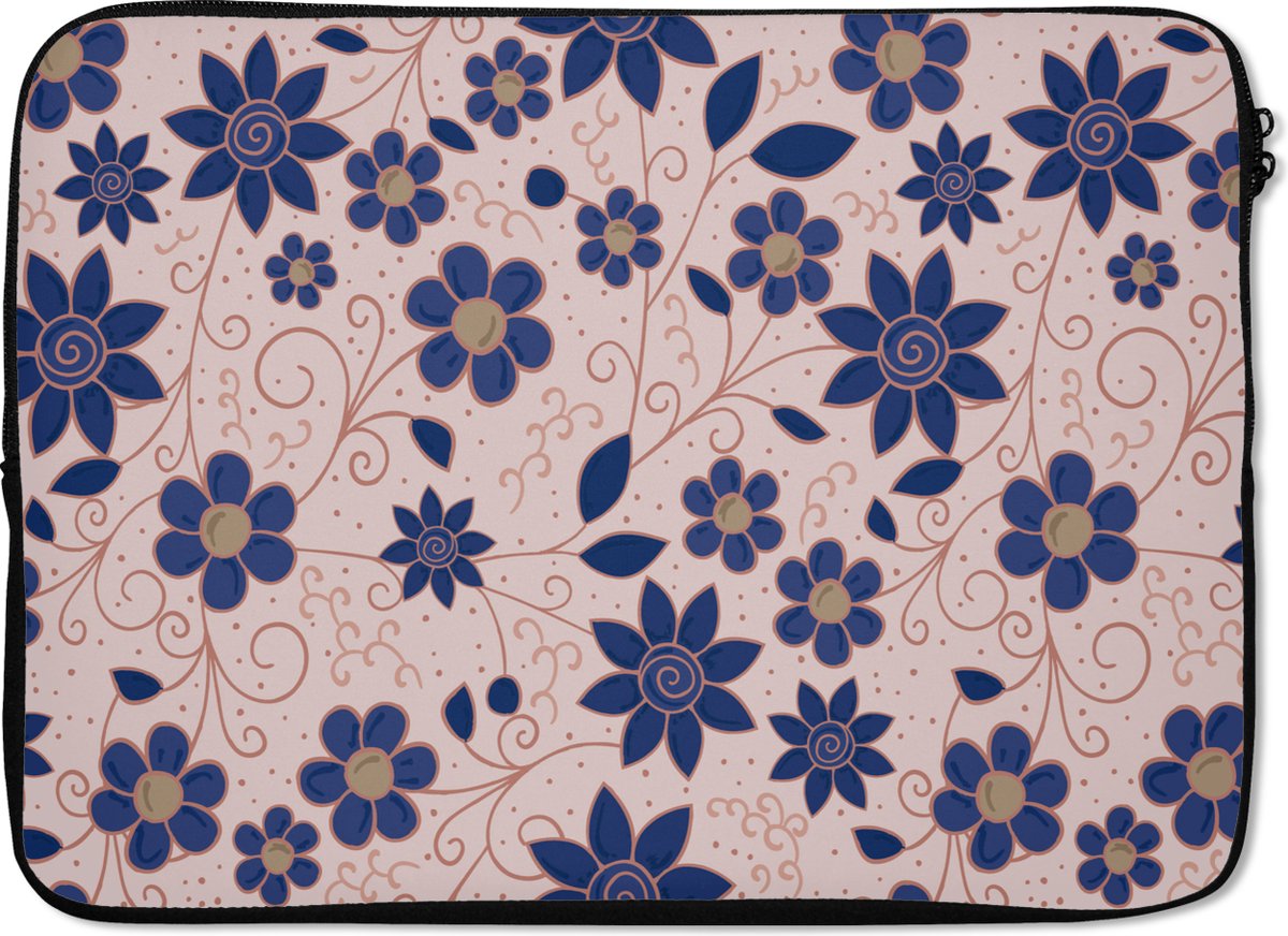 Laptophoes 13 inch - Bloemen - Blauw - Japan - Patronen - Laptop sleeve - Binnenmaat 32x22,5 cm - Zwarte achterkant