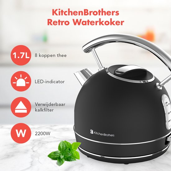 KitchenBrothers Elektrische Waterkoker - Retro - 1,7 L - LED-indicator - 2200W - RVS - Zwart