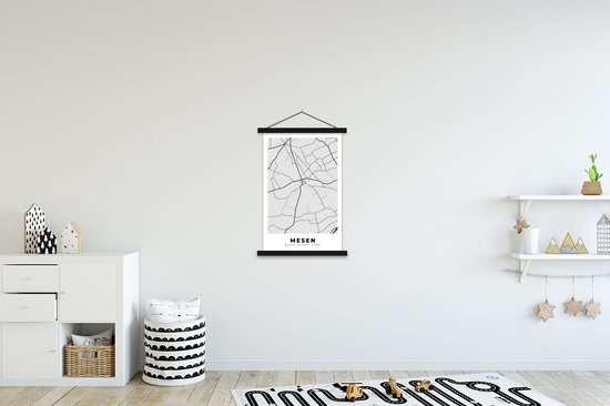 Porte-affiche avec affiche - Affiche scolaire - België - Messines - Plan de la ville - Carte - Zwart Wit - Plan d'étage - 60x90 cm - Lattes noires