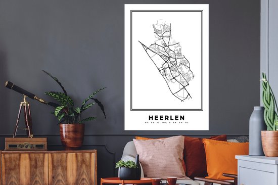 Stickers muraux - Carte - Plan d'étage - Plan de la ville - Heerlen - Pays- Nederland - Zwart et Wit - 80x120 cm - Feuille adhésive