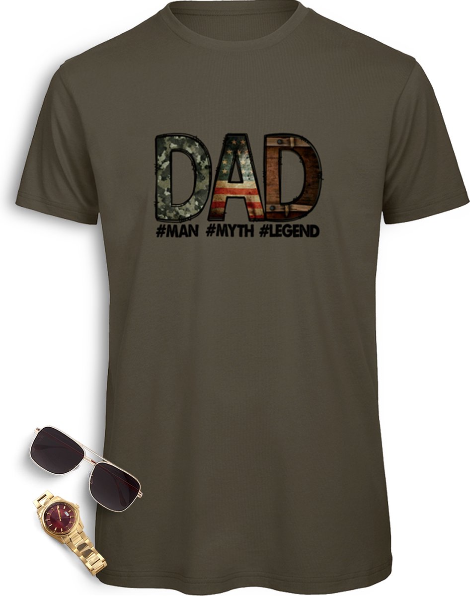 Vader t-shirt - Heren tshirt met print - Dad Man Myth Legend - Mannen t shirt met DAD opdruk - Vaderdag Cadeau - Maten: S M L XL XXL XXXL - t shirt kleur: Khaki.
