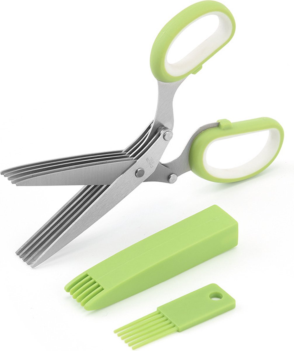 Kruidenschaar Groen - 5 messen Inclusief Deksel Keukenschaar - Kunststof en RVS Salade/Groente/Kruiden Knipper - 21x8.5x2 CM