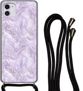 Hoesje met koord Geschikt voor iPhone 12 Mini - Marmer print - Zilver - Luxe - Patroon - Siliconen - Crossbody - Backcover met Koord - Telefoonhoesje met koord - Hoesje met touw