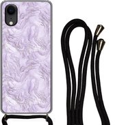 Hoesje met koord Geschikt voor iPhone XR - Marmer print - Zilver - Luxe - Patroon - Siliconen - Crossbody - Backcover met Koord - Telefoonhoesje met koord - Hoesje met touw