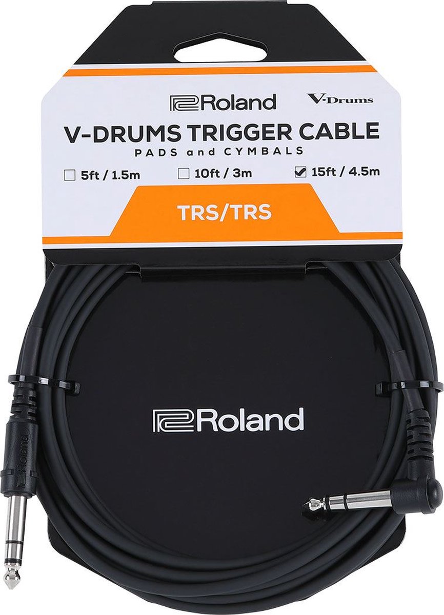 Roland PCS‑15‑TRA V‑Drum Triggerkabel – 4,5m – 1/4" TRS Recht + Haakse Jack – Hoge‑kwaliteit OFC Percussiekabel
