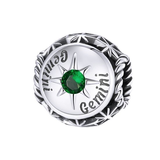Charm signe du zodiaque Gémeaux avec pierre de naissance en zircone verte | perle du zodiaque gemini | Zilverana | convient pour Biagi, Pandora, bracelet Trollbeads | argent 925
