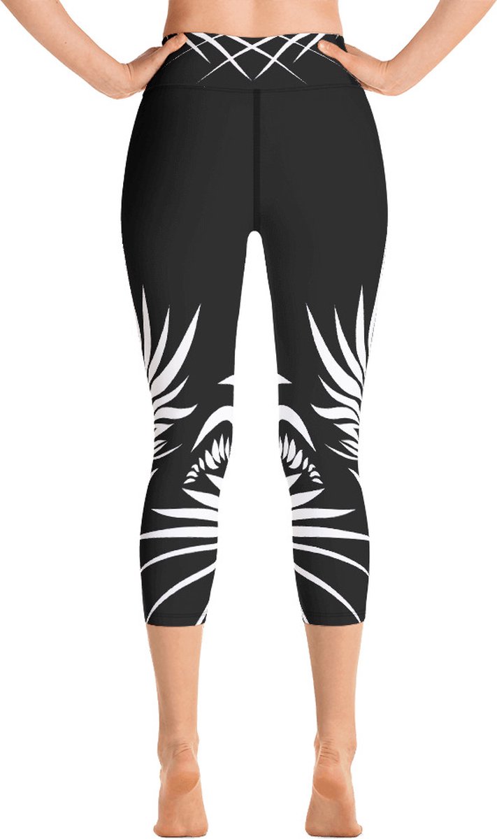 Sportlegging - Capri 3/4 - design Yin Yang Power Up - High Waist - Dry Fit - High Performance - 4way stretch - unieke print - UPF 50+ - Hardloop - Yoga - Fitness - Dans - Pilates - Training - sportbroek - zwart wit - maat L — afbeelding 5