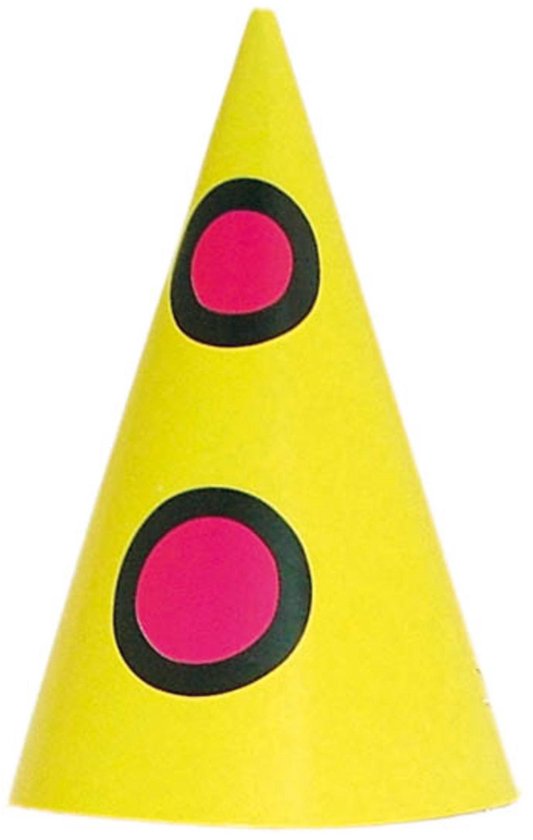 Gele puntmuts met twee roze cirkels met zwarte rand.