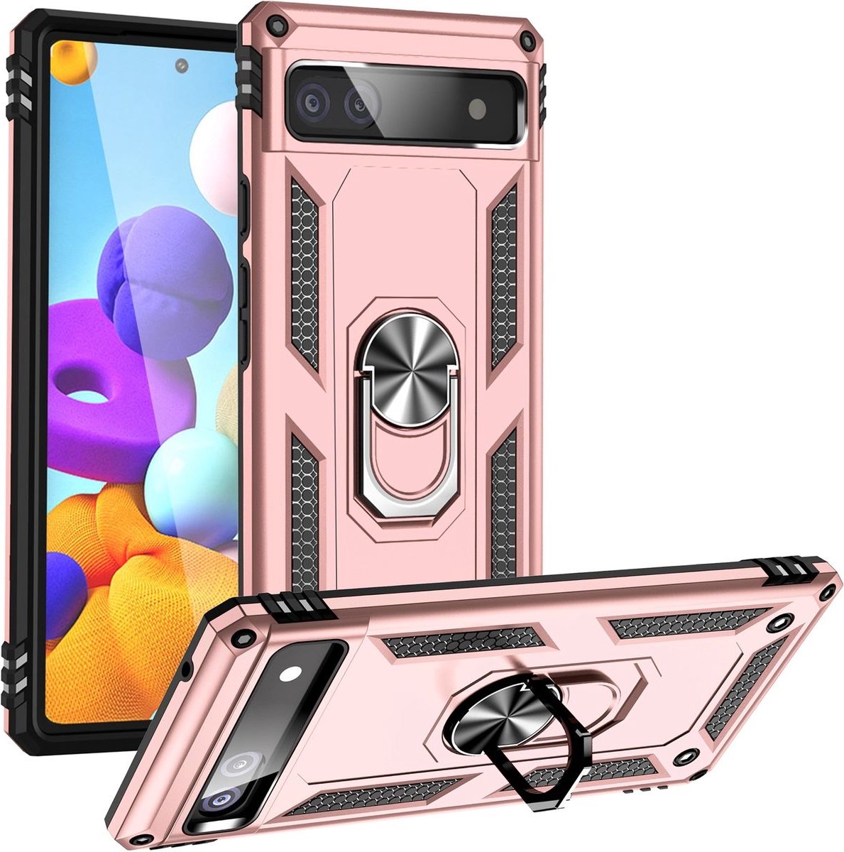 Mobigear Hoesje geschikt voor Google Pixel 6a Telefoonhoesje Hardcase | Mobigear Armor Ring Backcover Shockproof met Ringhouder | Schokbestendig Pixel 6a Telefoonhoesje | Anti Shock Proof - Roségoud