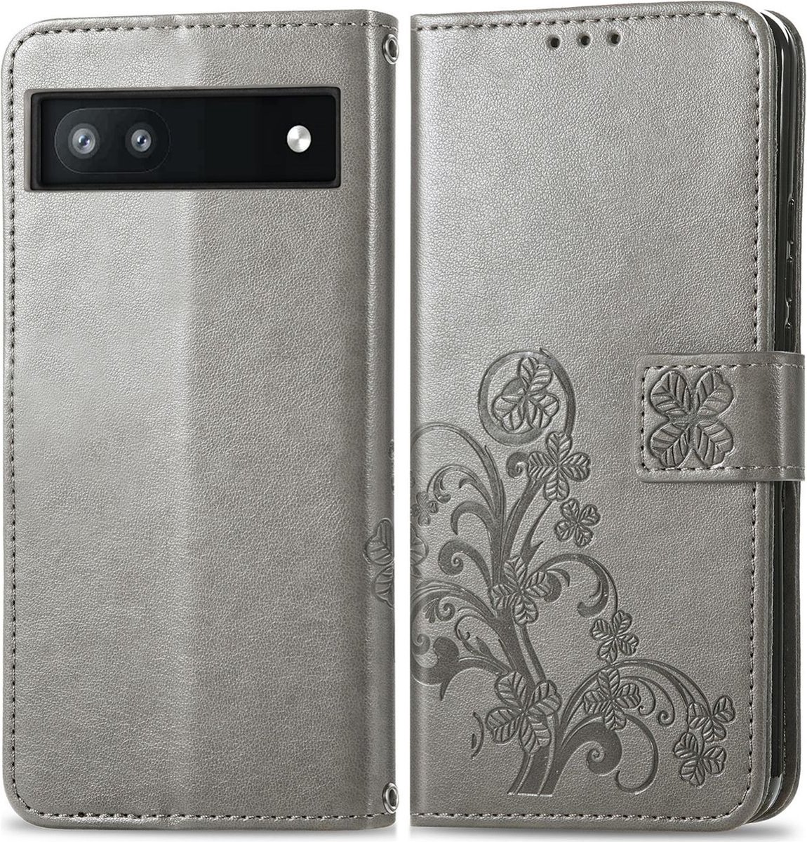 Mobigear Telefoonhoesje geschikt voor Google Pixel 6a Hoesje | Mobigear Clover Bookcase Portemonnee | Pasjeshouder voor 3 Pasjes | Telefoonhoesje voor Pinpas / OV Kaart / Rijbewijs - Grijs