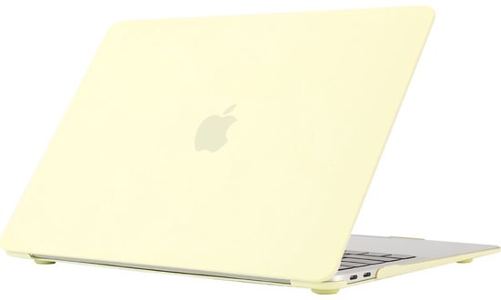 Coque jaune pâle pour MacBook Pro 14 pouces, vue de côté, avec logo Apple.