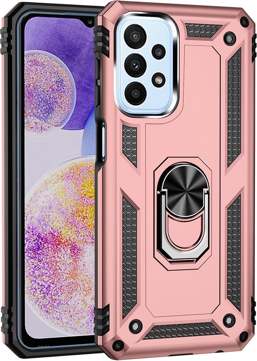 Mobigear Hoesje geschikt voor Samsung Galaxy A23 Telefoonhoesje Hardcase | Mobigear Armor Ring Backcover Shockproof met Ringhouder | Schokbestendig Galaxy A23 Telefoonhoesje | Anti Shock Proof - Roségoud
