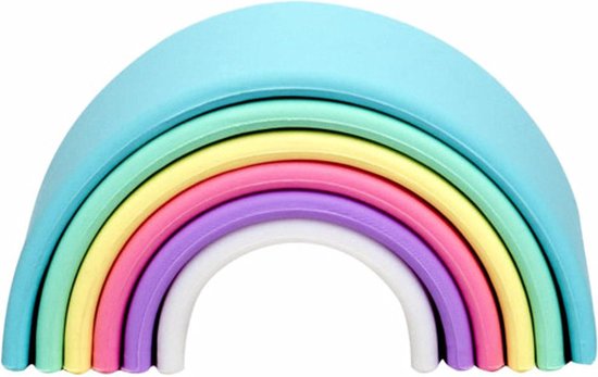 Stapelbare regenboog van pastelkleurig silicone: turquoise, groen, geel, roze, paars en wit.
