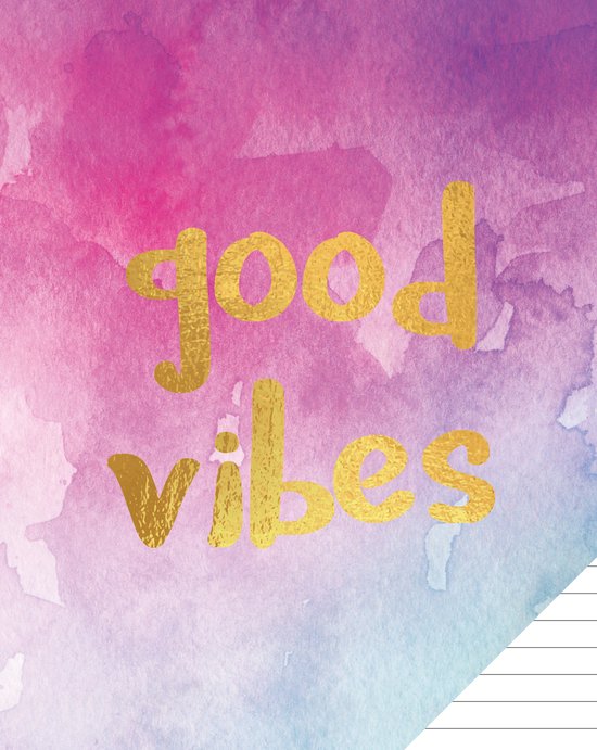 Paarse en roze waterverf achtergrond met gouden tekst 'good vibes'.