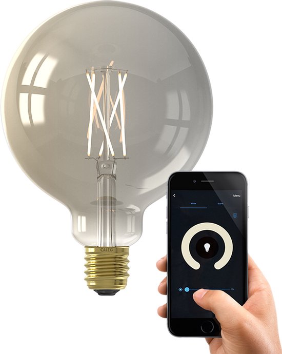 Calex Ampoule Intelligente - Eclairage Filament LED Wifi - Globe 12.5cm - E27 - Source de Lumière Titane - Dimmable - Lumière Blanche Chaude - 7W