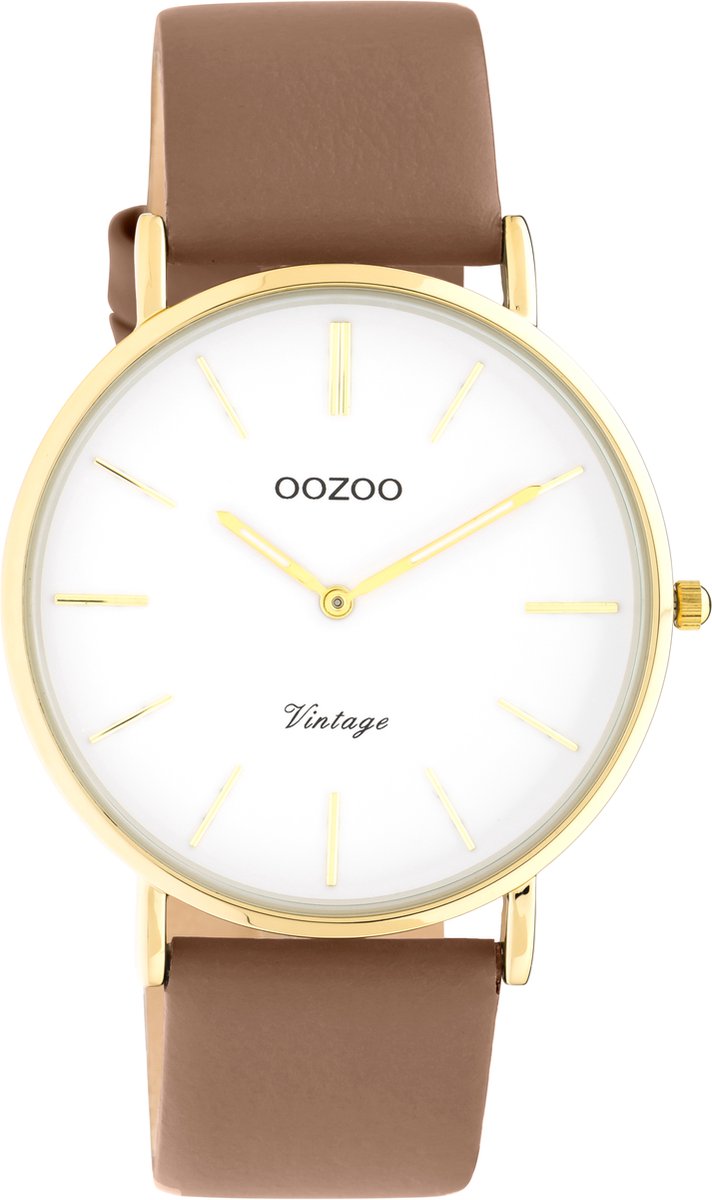 OOZOO Vintage series - Gouden horloge met mokka bruine leren band - C20222