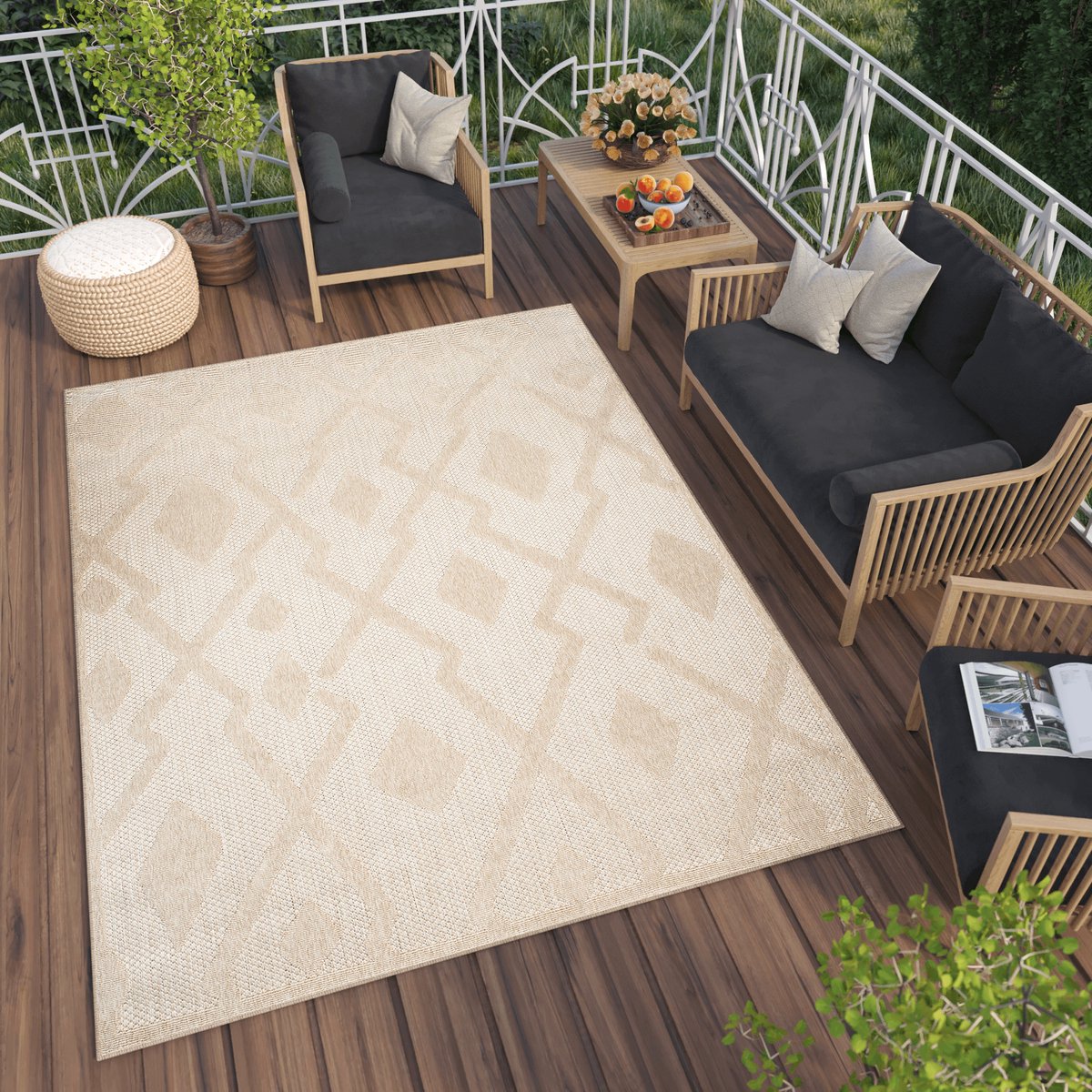 TAPISO Viera Tapis Extérieur Intérieur Terrasse Gris Beige Feuilles 3D 140x200 | Leroy Merlin