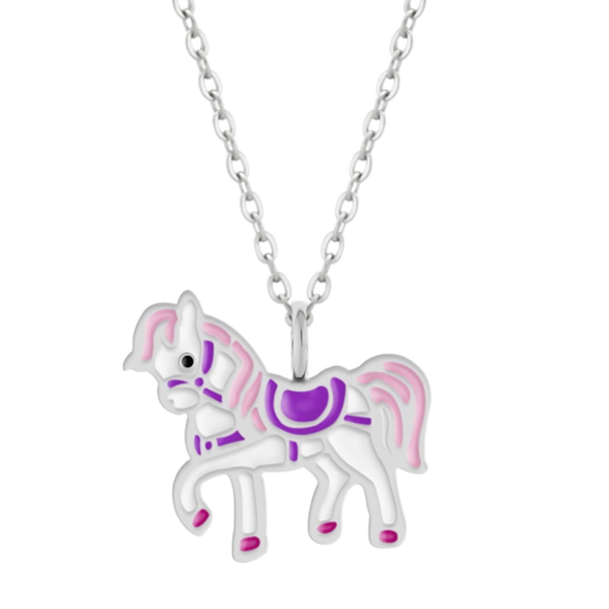 Zilveren ketting meisjes | Zilveren ketting met hanger, paard met roze manen en paars zadel