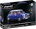 Playmobil Mini Cooper speelgoeddoos. Blauwe Mini met witte strepen, witte dak. Figuren van een politieagent, man en vrouw met hond.