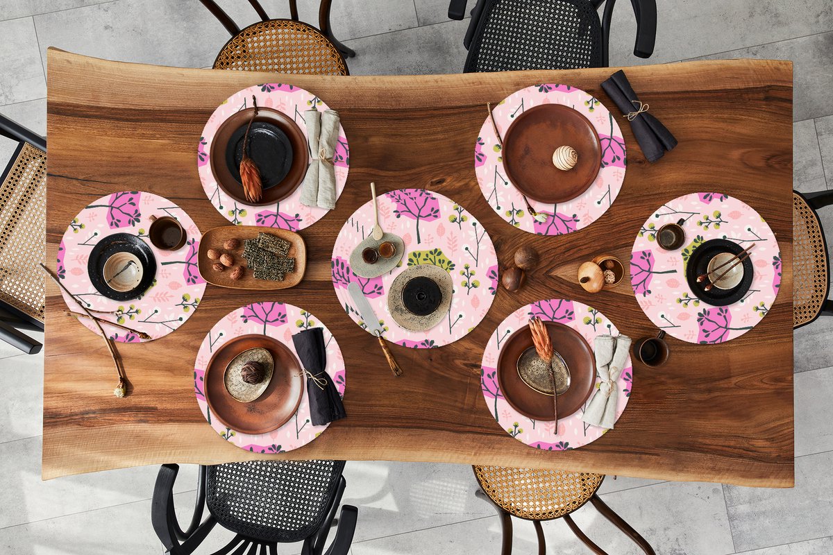 Ronde placemats - Onderlegger - Placemats rond - Roze - Bomen - Bladeren - Design - 10 stuks