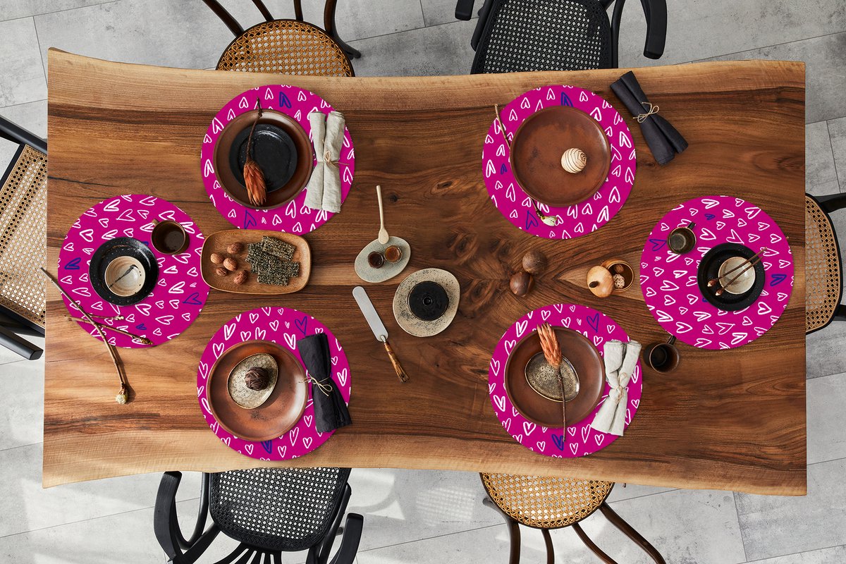 Ronde placemats - Onderlegger - Placemats rond - Hartjes - Design - Romantisch - 6 stuks
