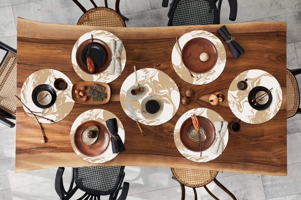 Ronde placemats - Onderlegger - Placemats rond - Marmer print - Beige - Wit - 10 stuks