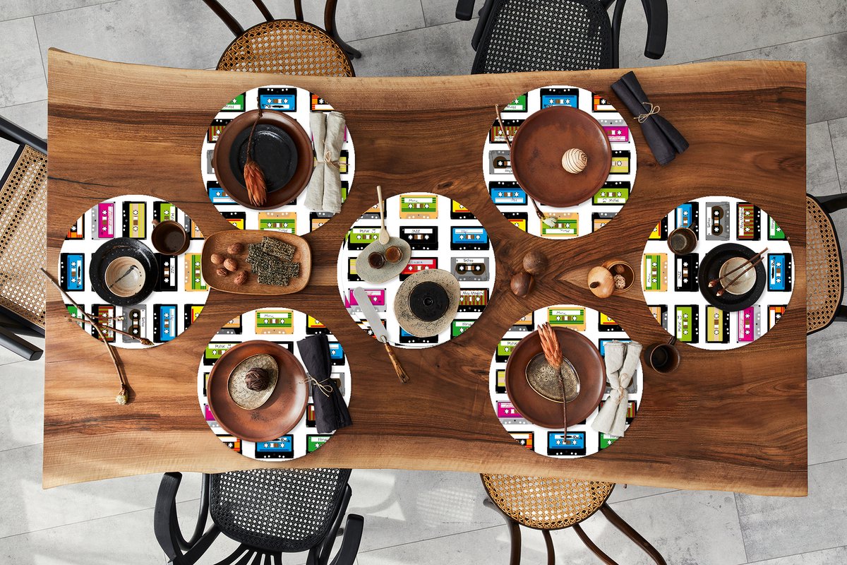 Ronde placemats - Onderlegger - Placemats rond - Patronen - Cassettebandjes - Muziek - 8 stuks