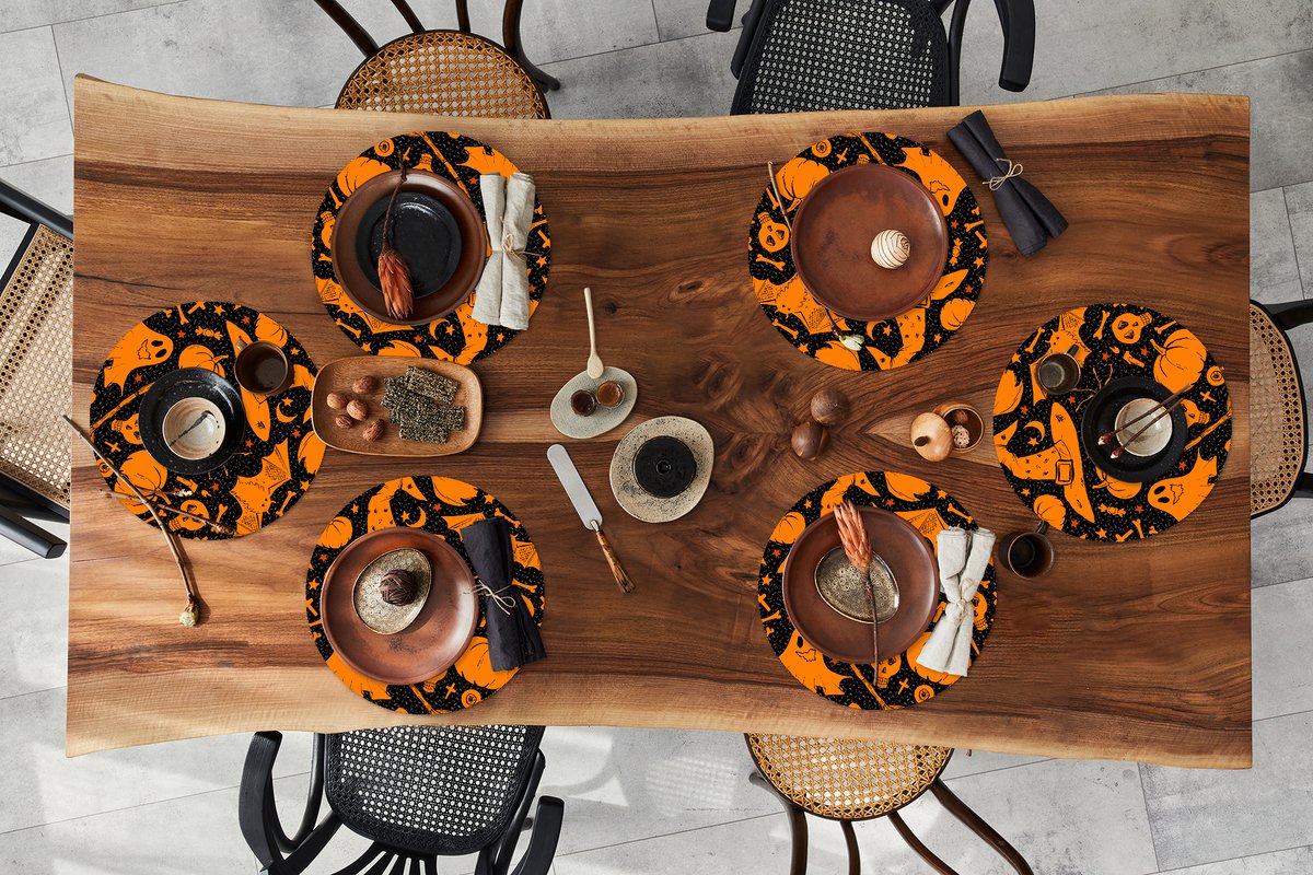 Ronde placemats - Onderlegger - Placemats rond - Halloween - Oranje - Patronen - 6 stuks
