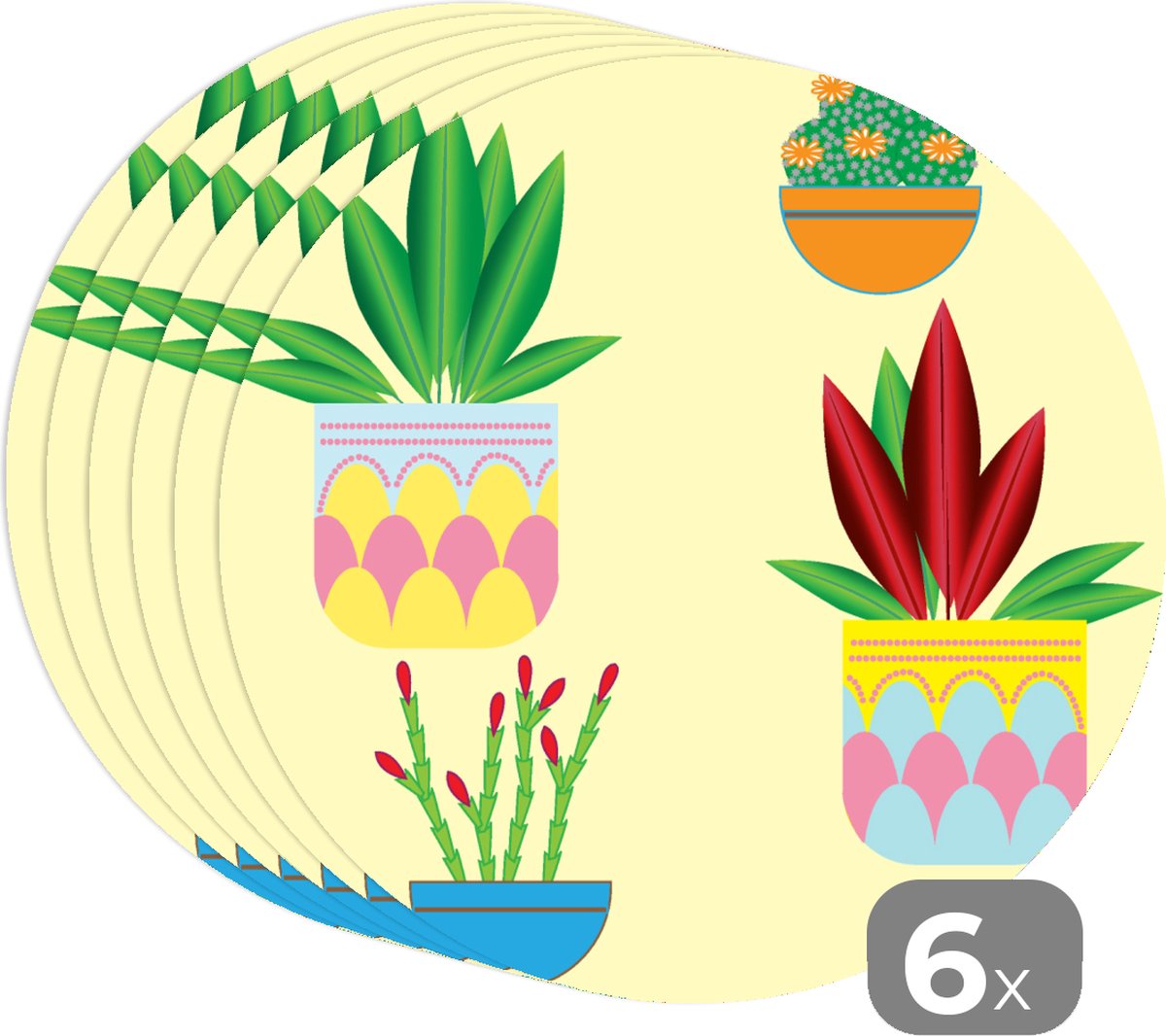 Ronde placemats - Onderlegger - Placemats rond - Planten - Bloempot - Patronen - Regenboog - 6 stuks