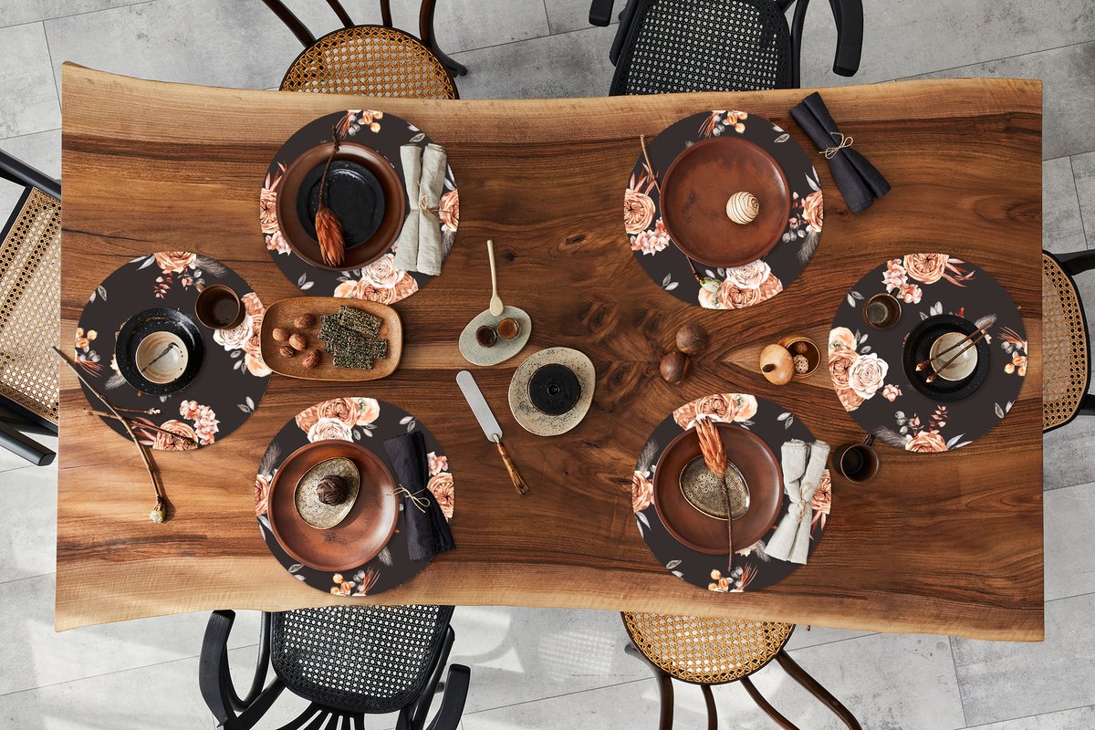 Ronde placemats - Onderlegger - Placemats rond - Patronen - Rozen - Zwart - 6 stuks