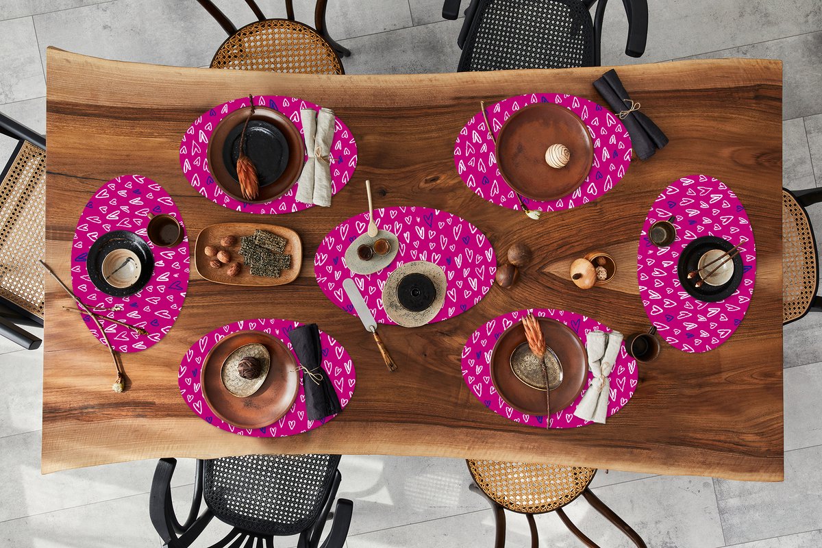 Placemats ovaal - Onderleggers - Ovale placemats - Hartjes - Design - Romantisch - 8 stuks