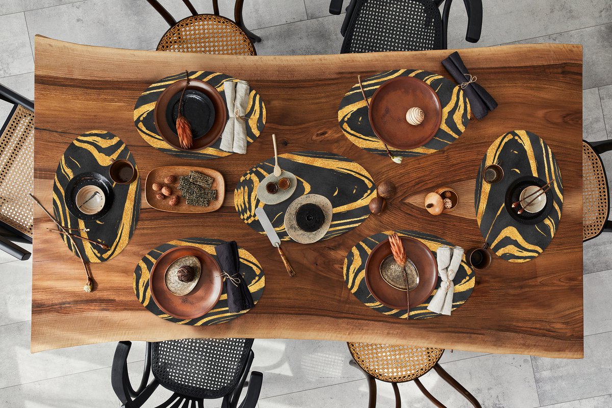 Placemats ovaal - Onderleggers - Ovale placemats - Goud - Zwart - Abstract - 10 stuks