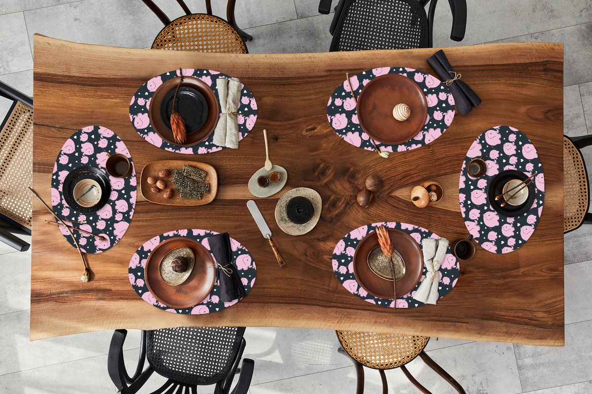 Placemats ovaal - Onderleggers - Ovale placemats - Olifant - Hart - Patroon - 6 stuks