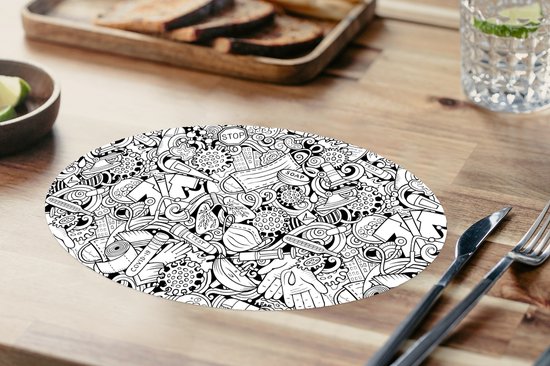 Napperons de table ovales - Sets de table - Sets de table ovales - Motif - Corona - Zwart Wit - 6 pièces