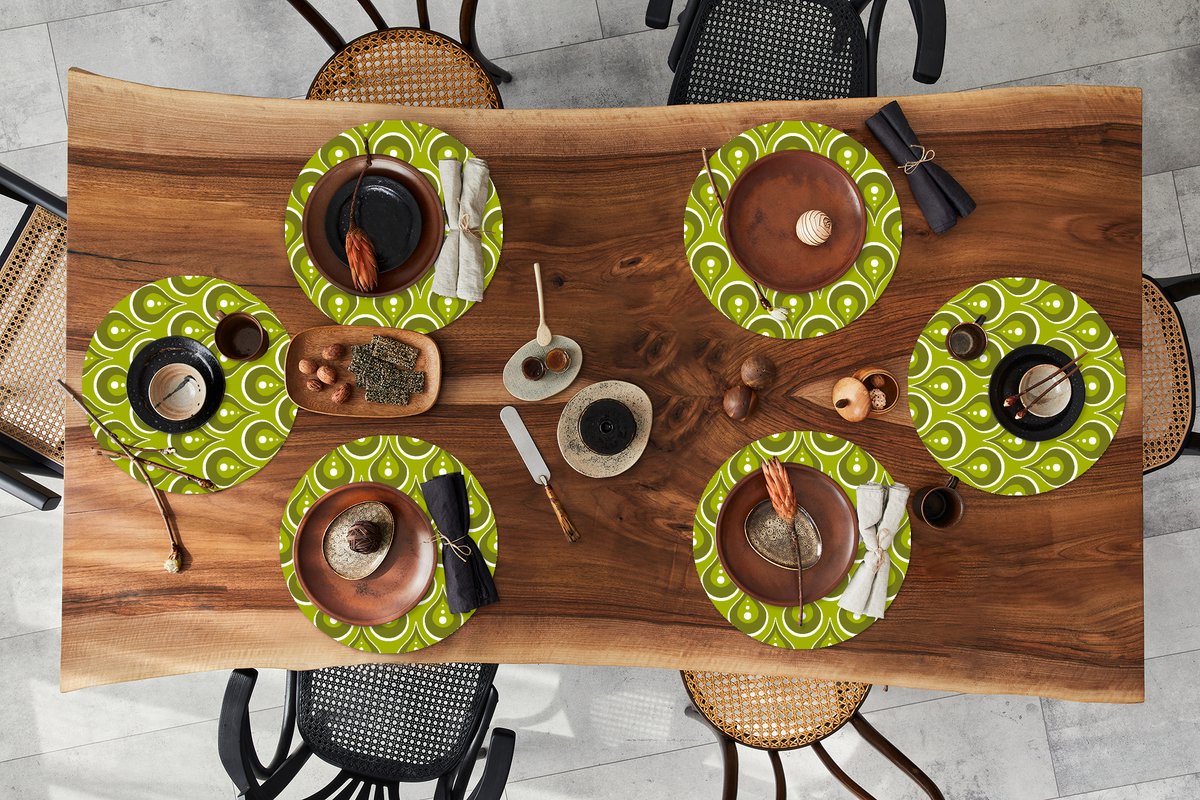 Ronde placemats - Onderlegger - Placemats rond - Patronen - Retro - Regen - Druppel - Groen - 6 stuks