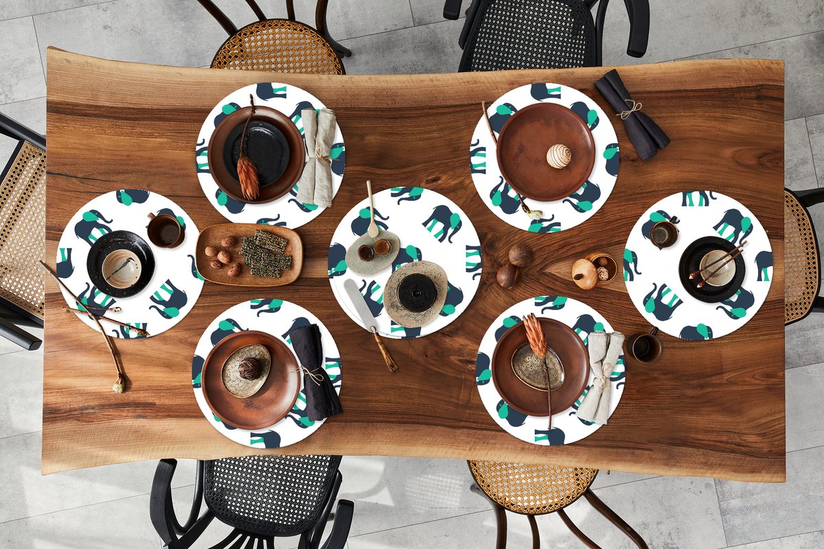 Ronde placemats - Onderlegger - Placemats rond - Olifant - Patroon - Groen - 8 stuks