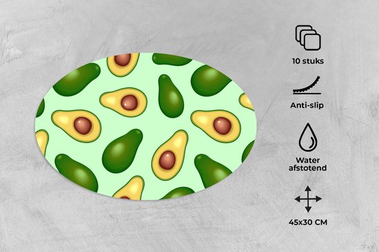 Napperons ovales - Sous-verres - Sets de table ovales - Avocat - Motifs - Vert - 10 pièces