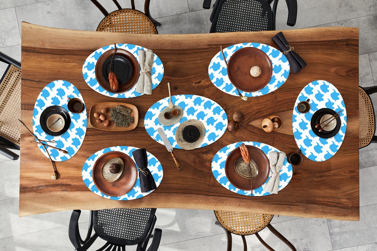 Placemats ovaal - Onderleggers - Ovale placemats - Blauw - Olifant - Design - 8 stuks