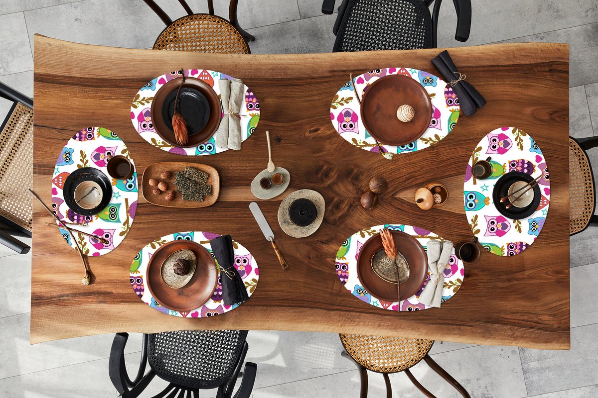 Placemats ovaal - Onderleggers - Ovale placemats - Design - Uilen - Dieren - 6 stuks