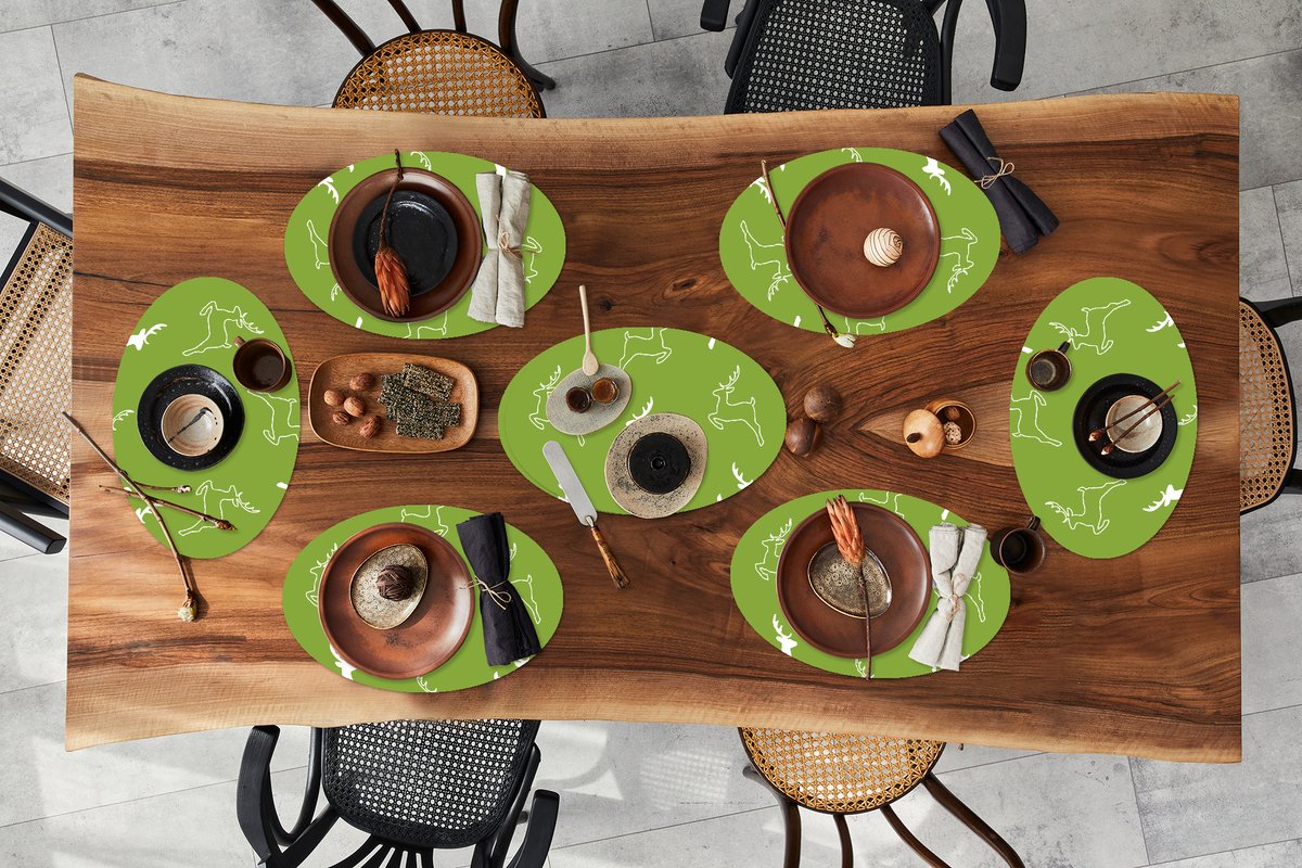 Placemats ovaal - Onderleggers - Ovale placemats - Hert - Groen - Patronen - 8 stuks