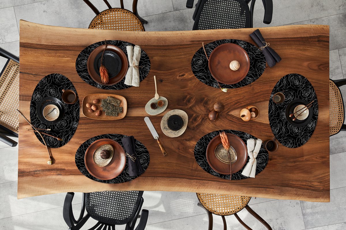 Placemats ovaal - Onderleggers - Ovale placemats - Rozen - Zwart Wit - Patroon - 6 stuks