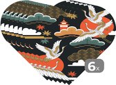 Onderleggers - Placemats - Placemats hartje - Kraanvogel - Wolken - Japan - Patroon - 6 stuks