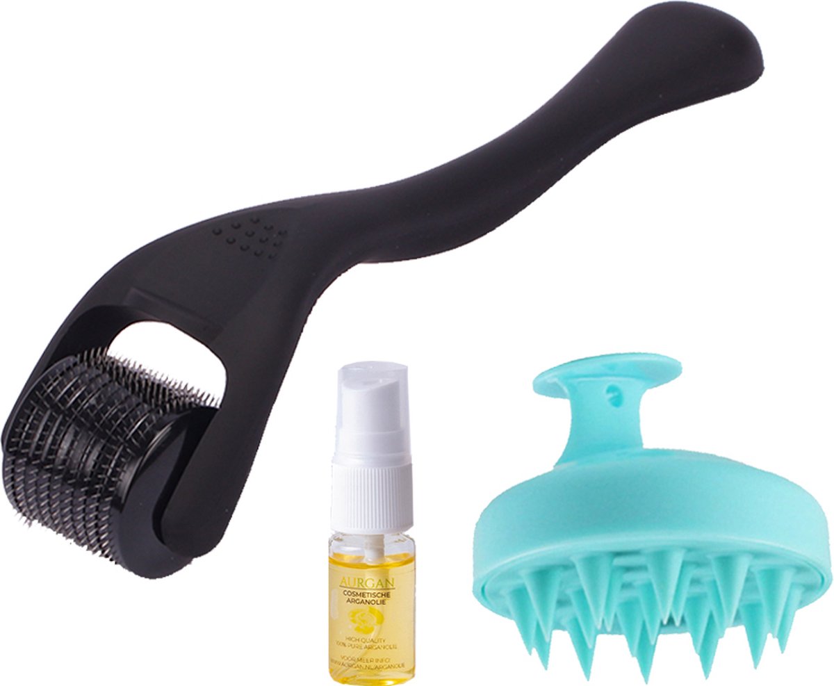 Dermaroller & Scalp massager set – met arganolie - Haarverzorgingsset