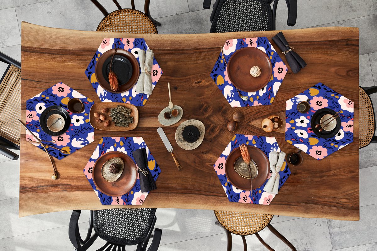 Placemats hexagon - Onderleggers placemats - Placemat zeshoek - Bloemen - Bladeren - Patronen - 6 stuks