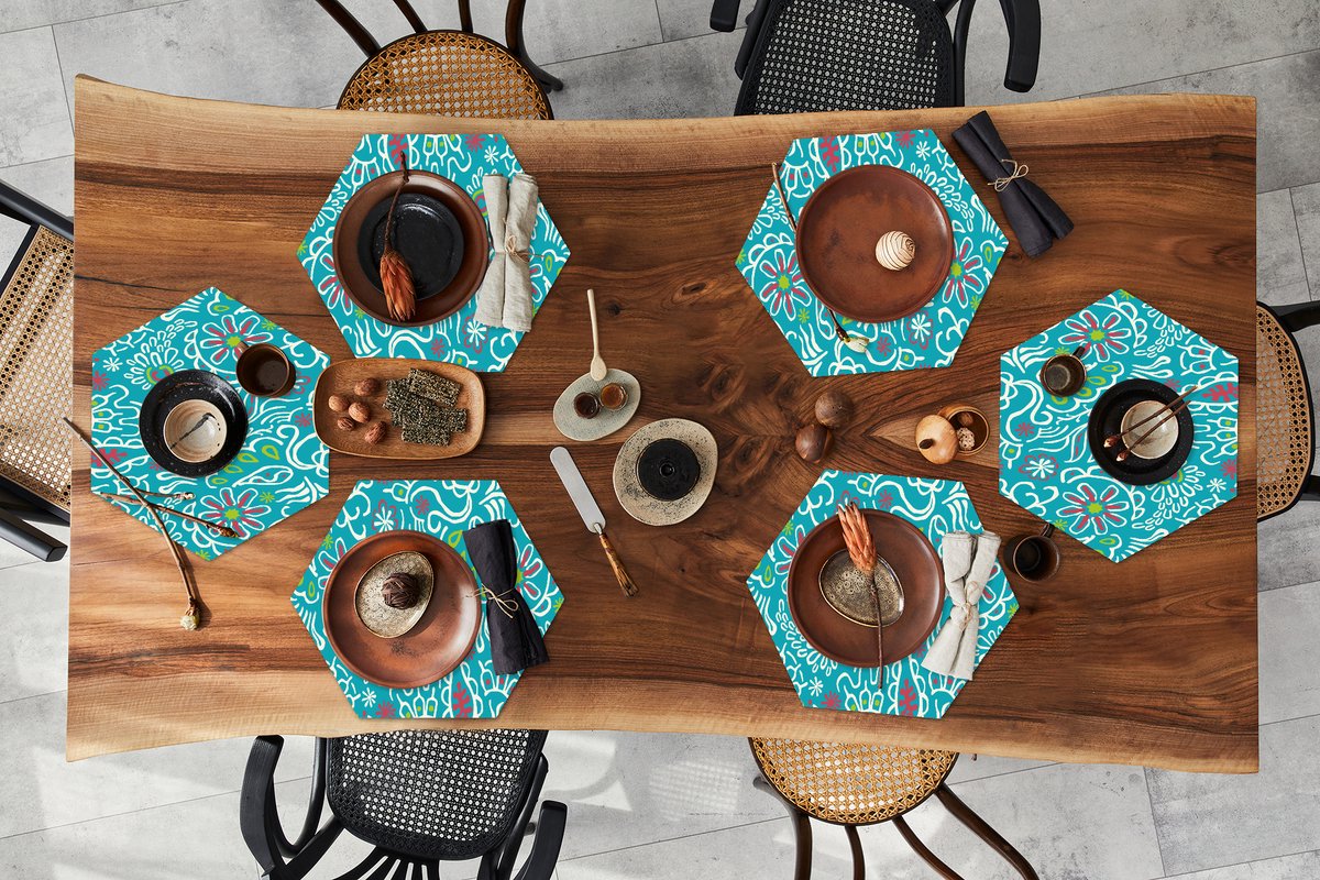 Placemats hexagon - Onderleggers placemats - Placemat zeshoek - Bloemen - Bladeren - Tropisch - Design - 6 stuks