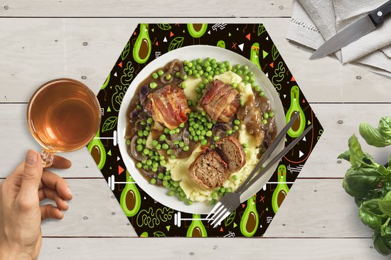 Placemats hexagon - Onderleggers placemats - Placemat zeshoek - Avocado - Fitness - Patronen - 6 stuks