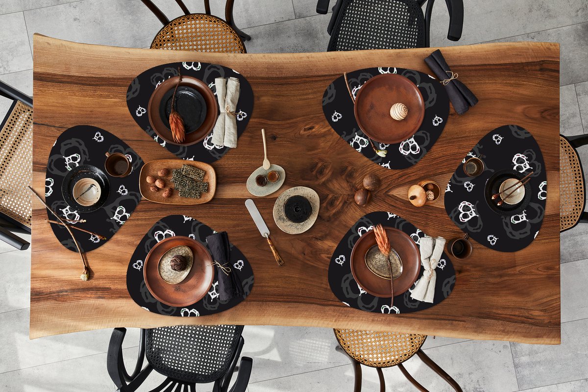 Placemat organisch - Placemats organic - Onderleggers - Patronen - Hart - Schedel - 6 stuks