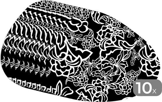 Placemat organisch - Placemats organic - Onderleggers - Patronen - Bloem - Zwart Wit - 10 stuks