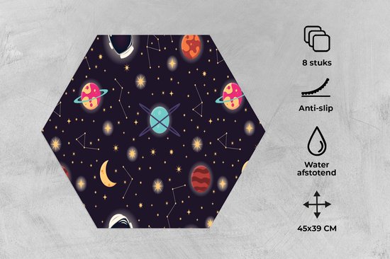 Placemats hexagon - Onderleggers placemats - Placemat zeshoek - Space - Zodiac - Sterren - Design - Heelal - 8 stuks